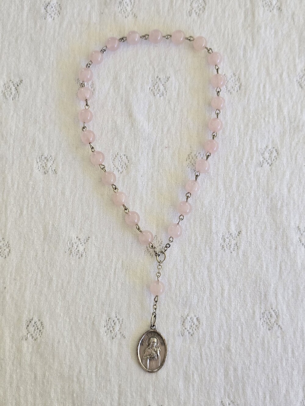Pink Beaded Religious Chaplet Medal Necklace - St. Therese Exinduments Vintage